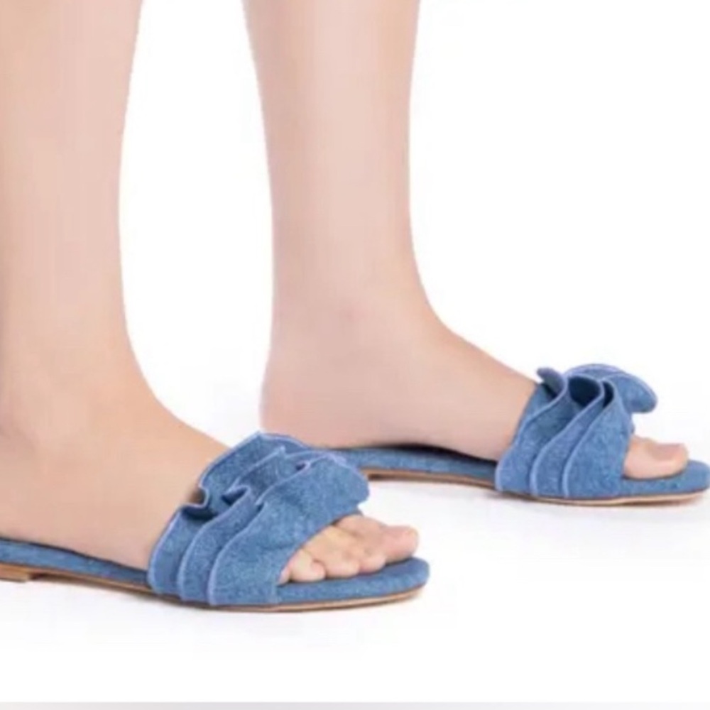 LARROUDÉ Ivy Ruffle Flat Mule In blue - Picture 2 of 9
